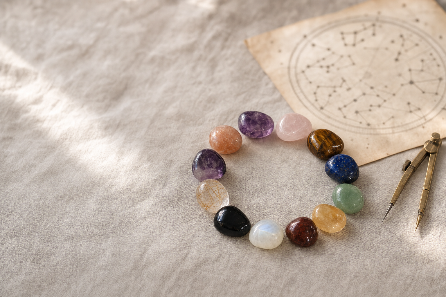 Kamienie naturalne dla znaków zodiaku — dwanaście polerowanych minerałów ułożonych w krąg obok mapy nieba