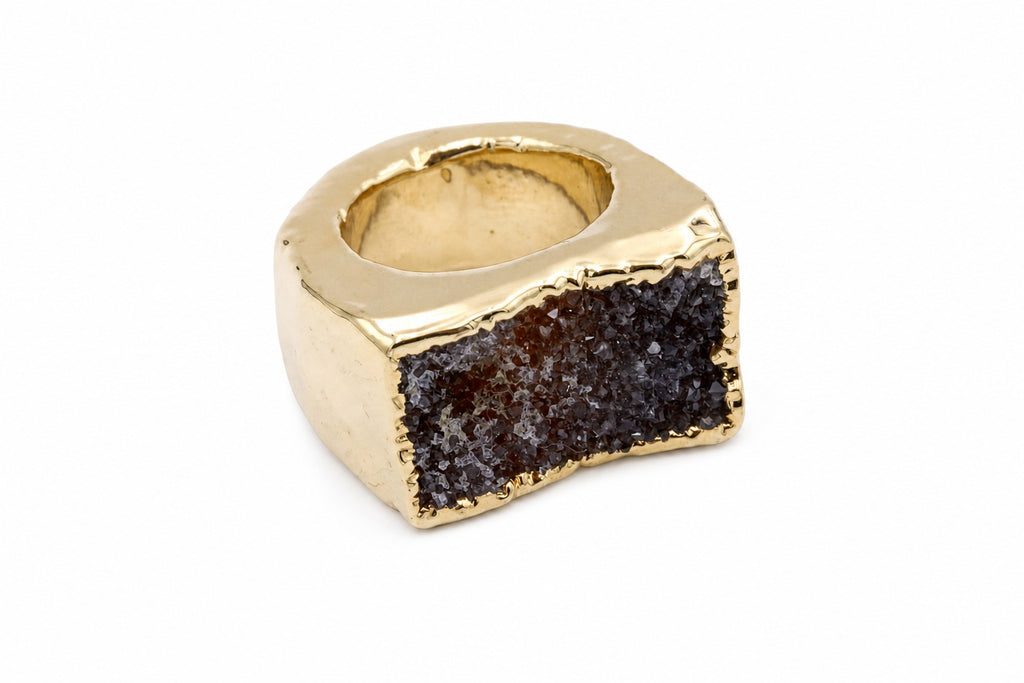 Brown Agate Druzy Gold Plated Ring