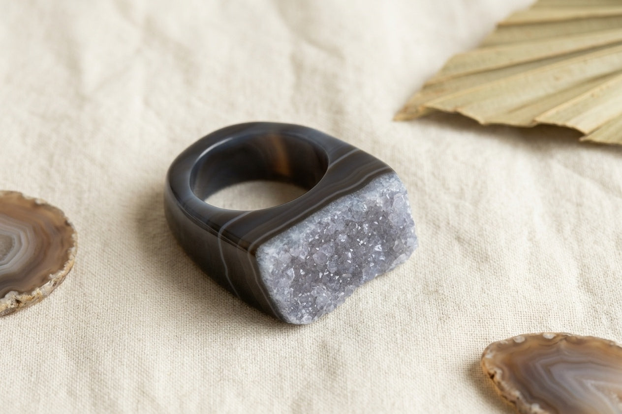 Pierścionek Agat Druza Czarny
