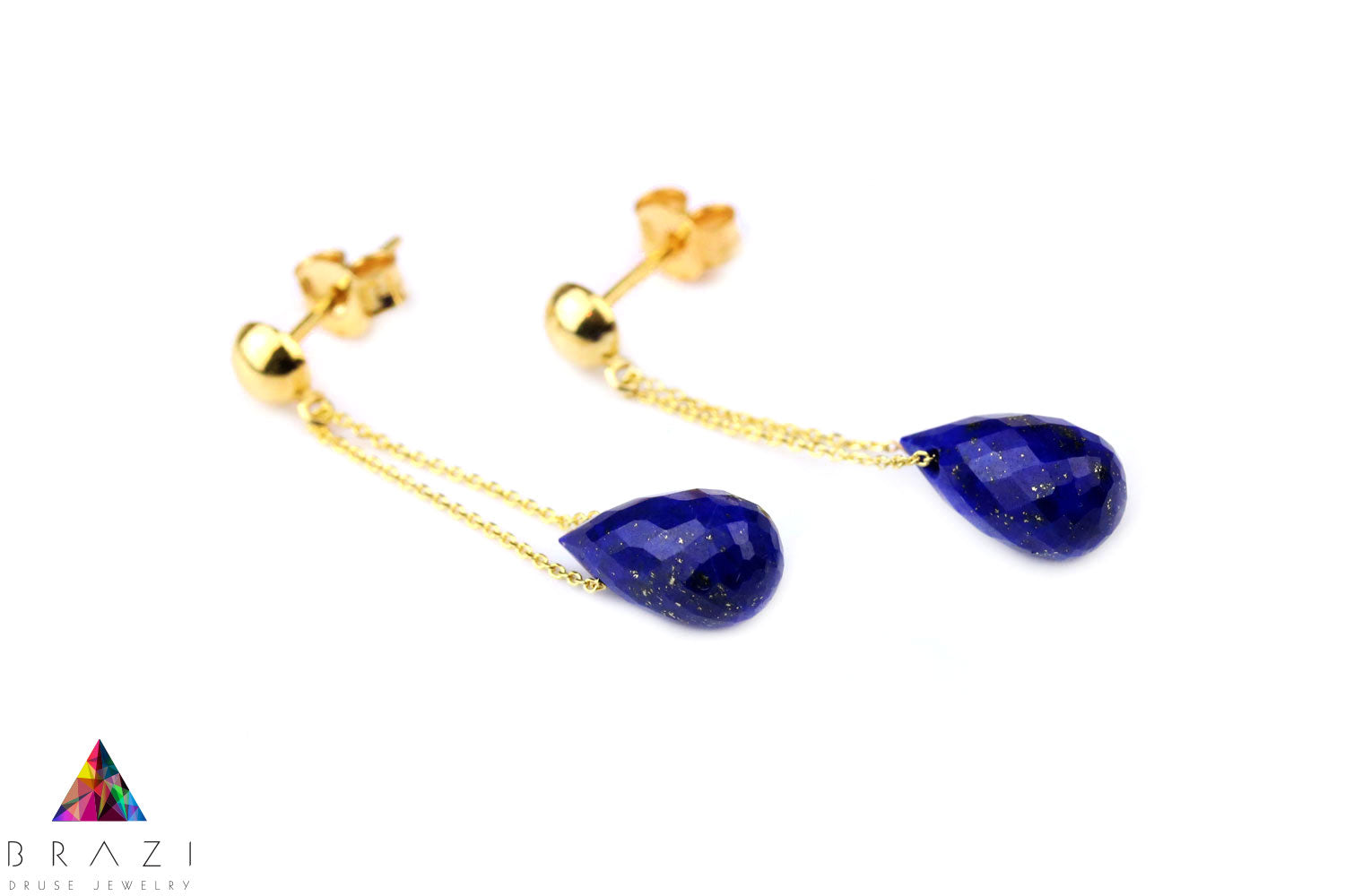 Kolczyki z naturalnym lapis lazuli w formie fasetowanych kropli, pozłacana oprawa na sztyfcie, marka Brazi.