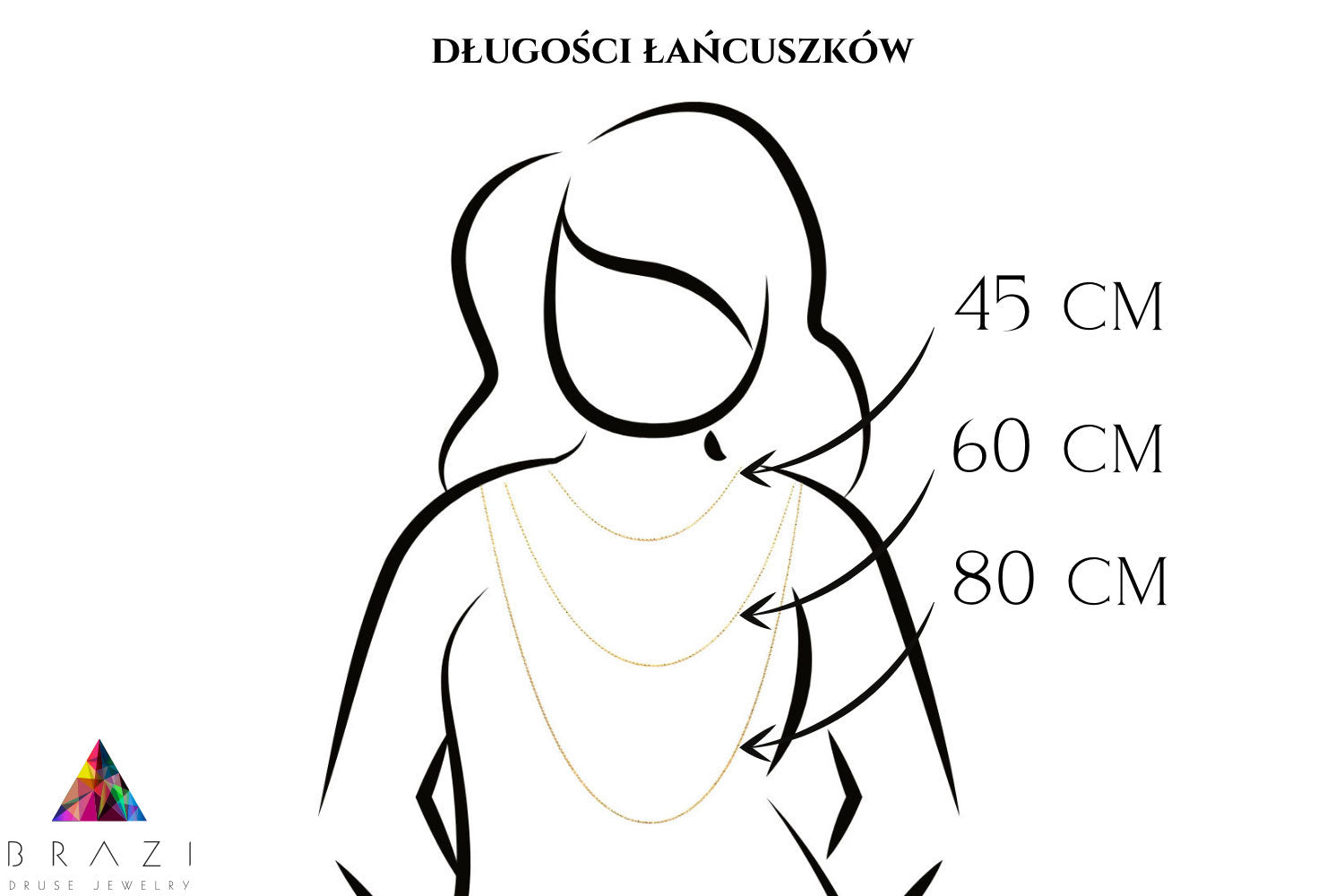 Łańcuszki ze srebra pozłacanego o trzech długościach na sylwetce, wizualizacja biżuterii Brazi