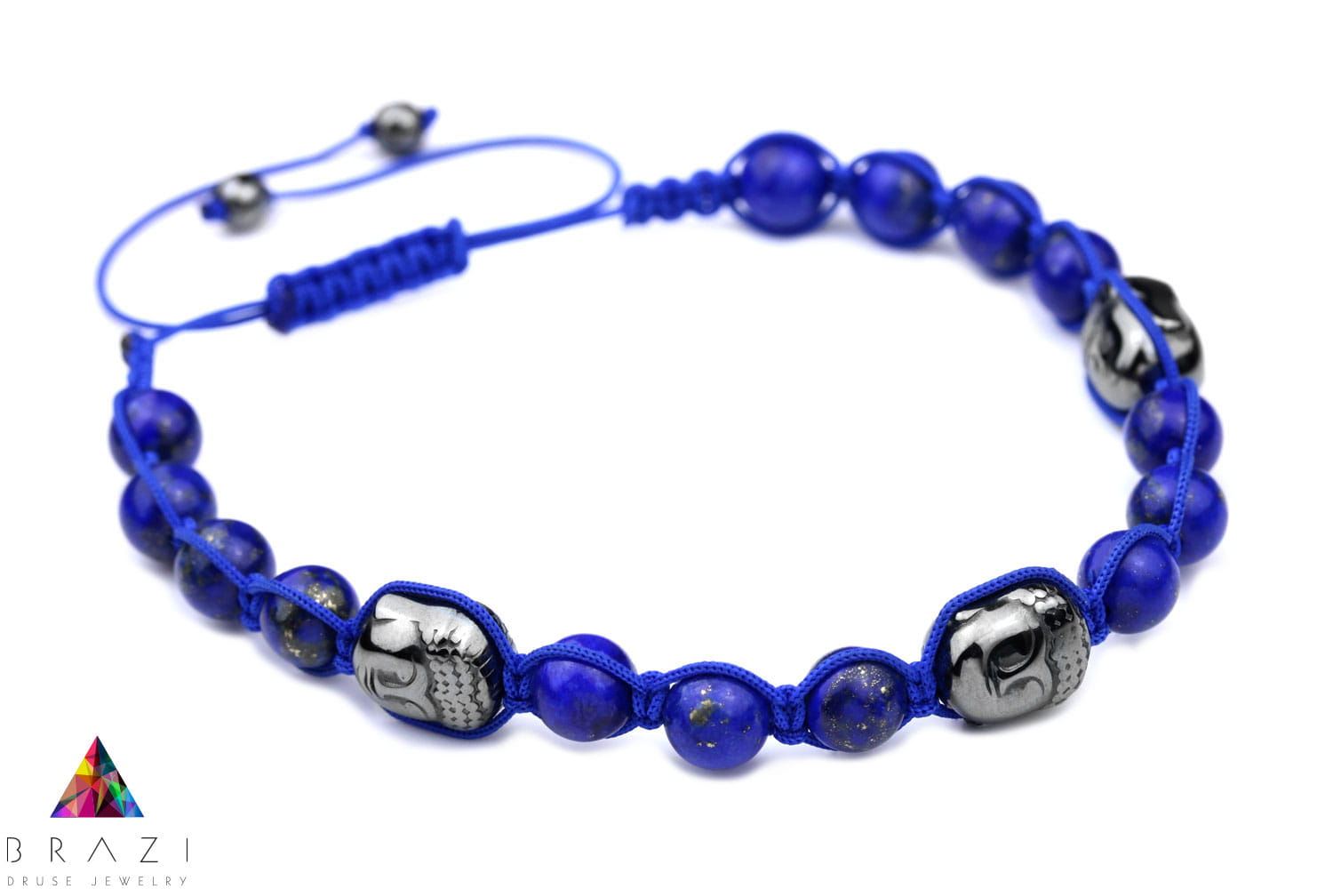 Bransoletka męska z naturalnego lapis lazuli i koralików w kształcie Buddy na jasnoniebieskim sznurku, biżuteria Brazi.