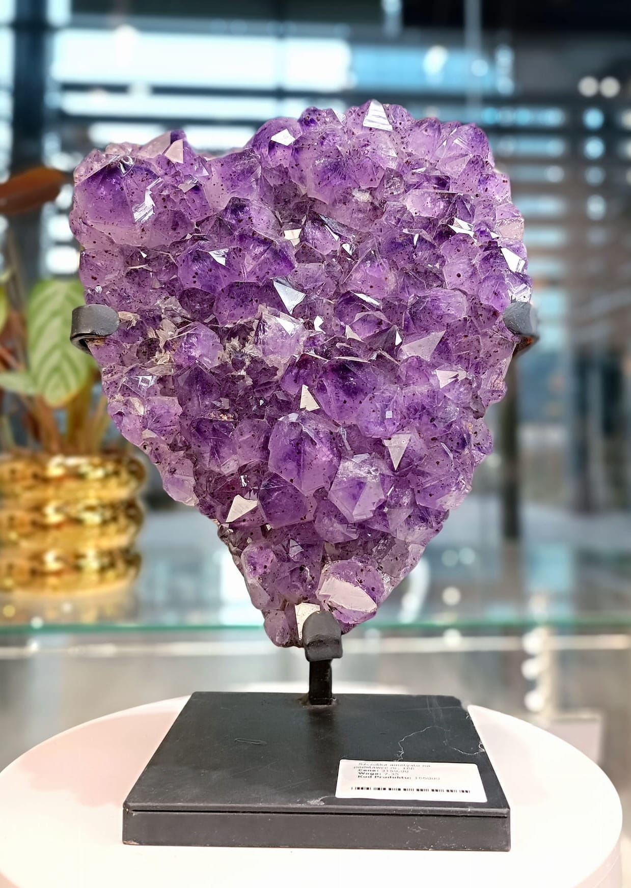 Szczotka ametystu o kształcie serca na czarnym stojaku, dekoracja z naturalnego kamienia, Brazi Druse Jewelry.