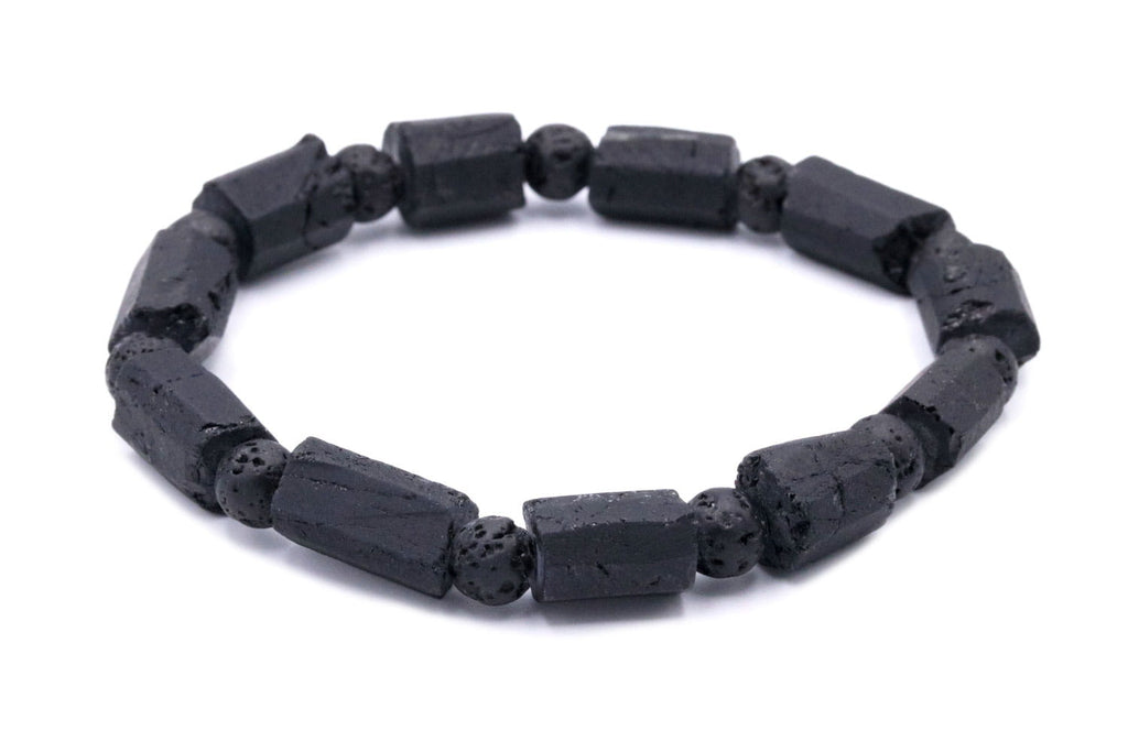 Męska bransoletka z matowych bryłek czarnego turmalinu i porowatej lawy wulkanicznej, Brazi Druse Jewelry.