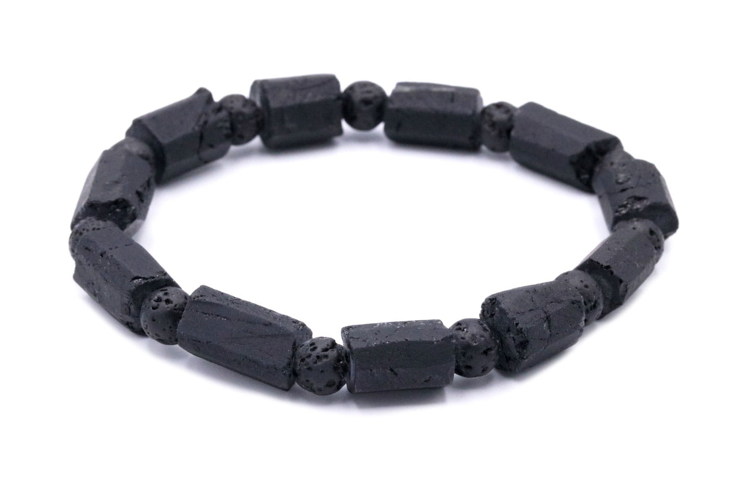 Męska bransoletka z matowych bryłek czarnego turmalinu i porowatej lawy wulkanicznej, Brazi Druse Jewelry.