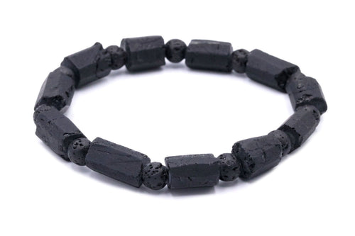 Męska bransoletka z matowych bryłek czarnego turmalinu i porowatej lawy wulkanicznej, Brazi Druse Jewelry.