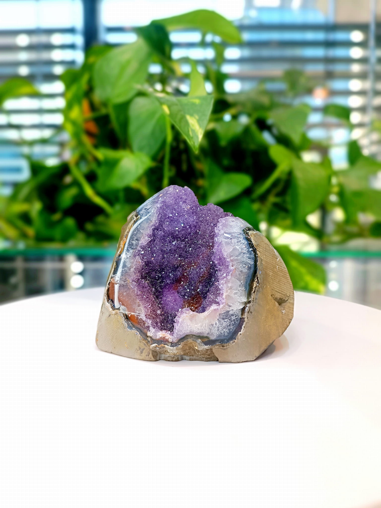 Dekoracyjna bryłka ametystu tęczowego z fioletowymi kryształami, naturalny minerał od Brazi.
