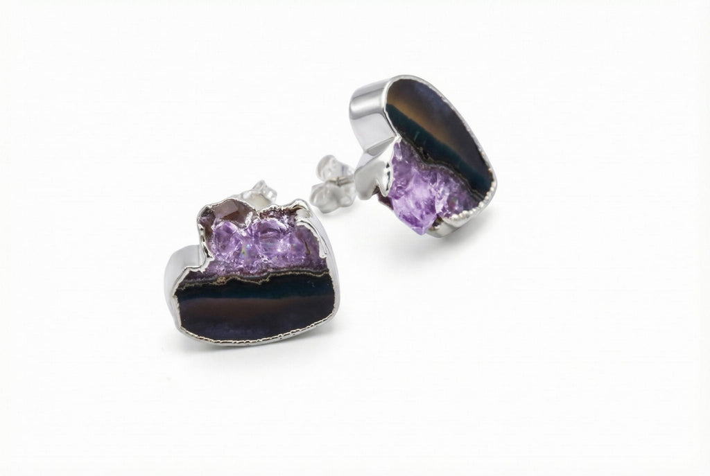 Srebrne kolczyki z ametystem w kształcie serca, naturalny plaster minerału Brazi