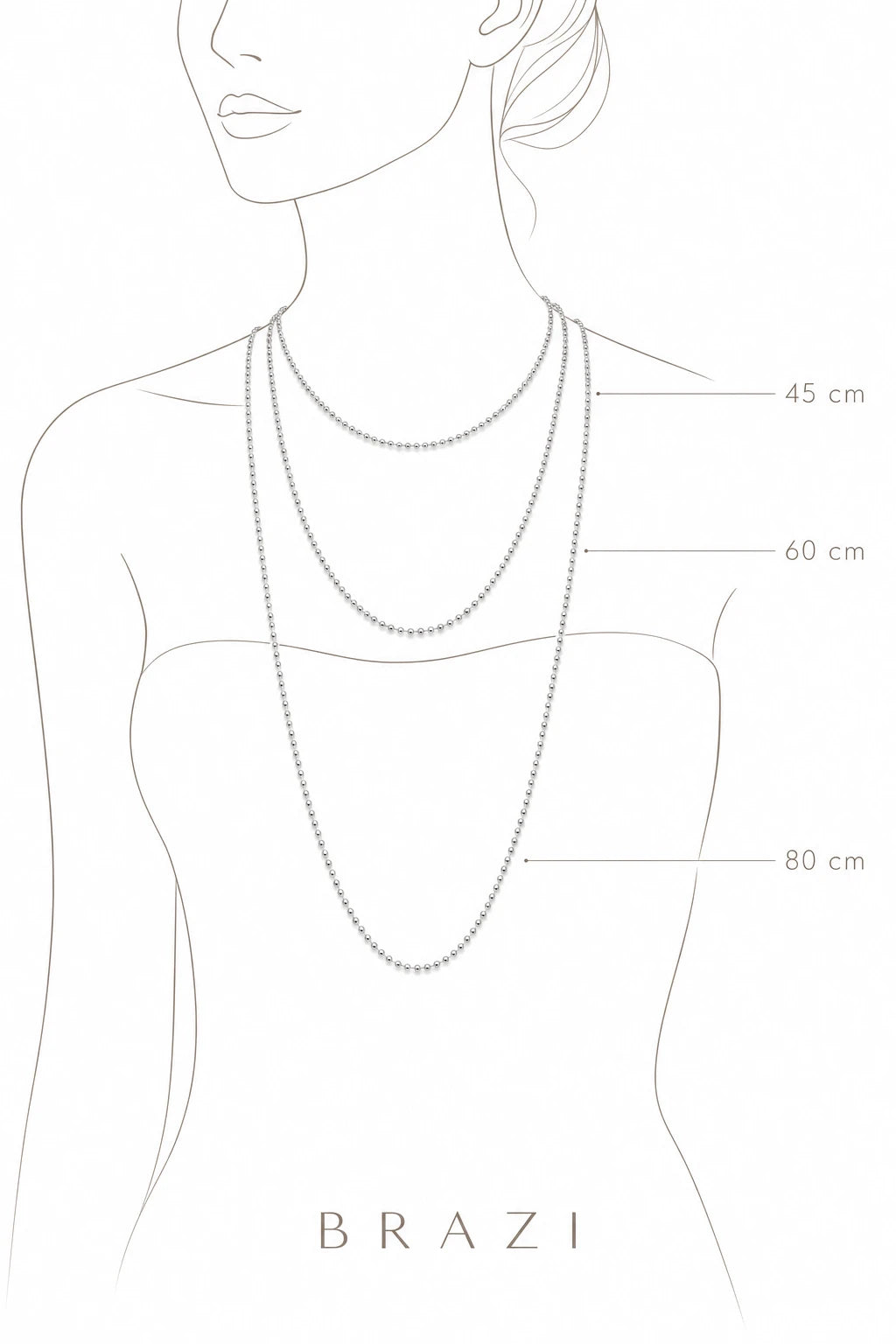 Infografika długości srebrnego łańcuszka Brazi - 45cm, 60cm, 80cm na sylwetce