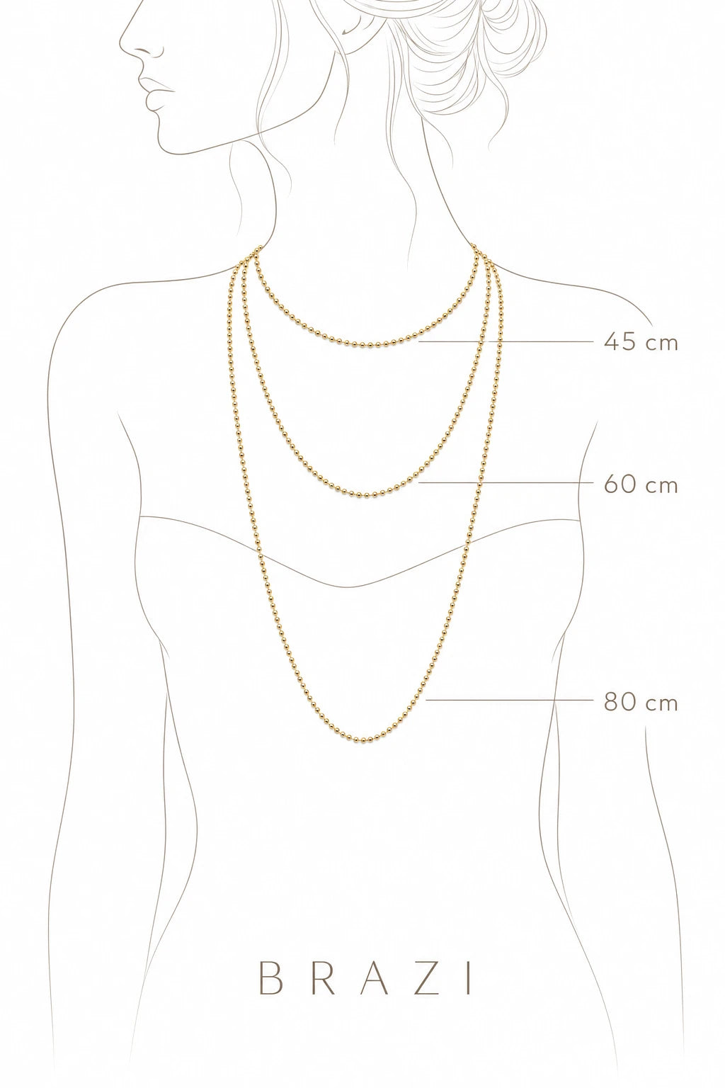 Infografika długości złoconego łańcuszka Brazi - 45cm, 60cm, 80cm na sylwetce