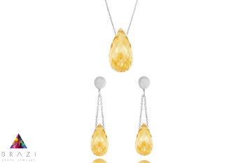 Komplet Brazi Druse Jewelry: cytrynowy naszyjnik i kolczyki, fasetowane krople.