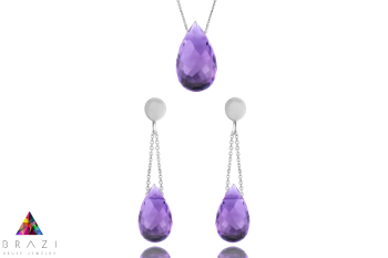 Brazi Druse Jewelry: Komplet Ametyst Krople – fioletowy, wiszące kolczyki i naszyjnik.