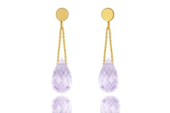 Kolczyki Brazi Druse Jewelry, ametyst lila, krople, złote łańcuszki.