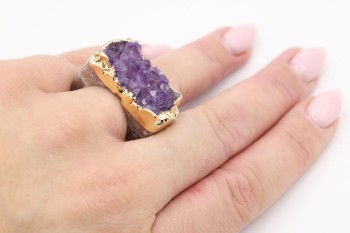 Pierścionek Ametyst Druza, złocony, rozmiar 14. Brazi Druse Jewelry.