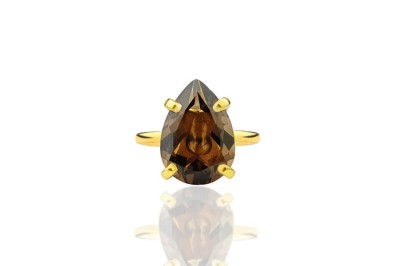 Pierścionek Brazi Druse Jewelry, kwarc dymny, 6 ct, szlif kropla, złota oprawa.