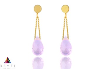 Brazi Druse Jewelry: Komplet Kwarc Różowy Krople – delikatne, różowe kolczyki w złotej oprawie.