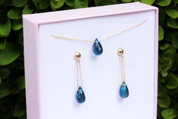 Komplet Brazi Druse Jewelry: London Blue Topaz, naszyjnik i kolczyki, krople, złote oprawy.