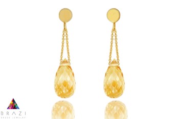 Złote kolczyki z naturalnym cytrynem w kształcie fasetowanej kropli, biżuteria Brazi