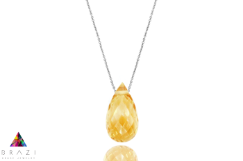 Naszyjnik z naturalnym cytrynem w kształcie kropli na srebrnym łańcuszku, biżuteria Brazi.