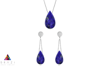 Komplet Brazi Druse Jewelry: niebieski Lapis Lazuli, w kształcie kropli, srebrna oprawa.