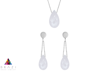Brazi Druse Jewelry: Komplet Kamień Księżycowy Krople – subtelny, srebrny komplet z fasetowanymi kamieniami.