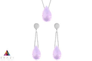 Brazi Druse Jewelry: Komplet Kwarc Różowy Krople – delikatny, różowy komplet: naszyjnik i kolczyki.