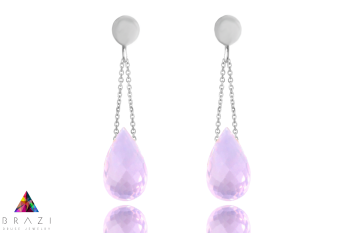 Kolczyki z kwarcem różowym w formie kropli w srebrnej oprawie na sztyfcie, biżuteria Brazi