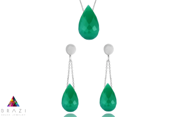 Komplet Brazi Druse Jewelry: zielony chalcedon, kolczyki i naszyjnik w kształcie kropli.