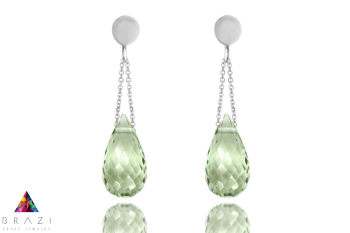 Srebrne kolczyki z naturalnym prasiolitem w formie fasetowanej kropli, biżuteria Brazi