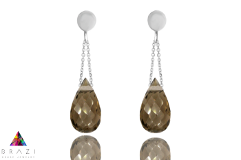 Srebrne kolczyki z naturalnym kwarcem dymnym o szlifie kropli, biżuteria Brazi