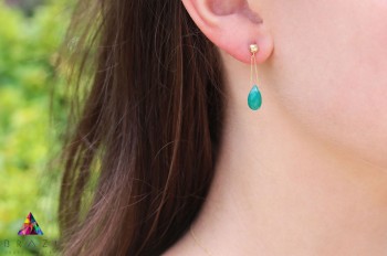 Złocone kolczyki z błękitnym chalcedonem w kształcie kropli na uchu modelki, biżuteria Brazi