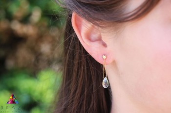 Złote kolczyki z prasiolitem w kształcie kropli prezentowane na uchu modelki, marka Brazi