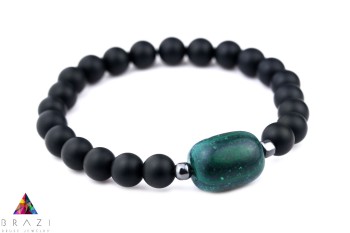 Męska bransoletka z matowego czarnego turmalinu i malachitu ze srebrnymi detalami, biżuteria marki Brazi