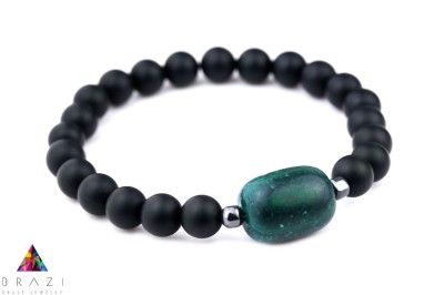 Męska bransoletka z matowego czarnego turmalinu i malachitu ze srebrnymi detalami, biżuteria marki Brazi