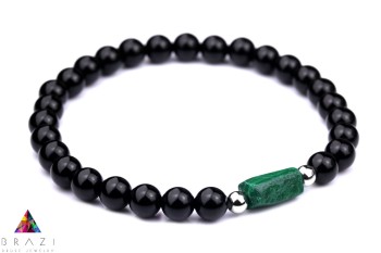 Męska bransoletka Brazi Druse Jewelry z malachitu i turmalinu, czarne koraliki.