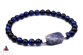 Bransoletka męska z naturalnego sokołego oka i surowego sodalitu ze srebrnymi dodatkami, biżuteria Brazi.