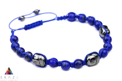 Bransoletka męska z naturalnego lapis lazuli i koralików w kształcie Buddy na jasnoniebieskim sznurku, biżuteria Brazi.