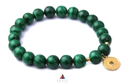 Bransoletka Brazi Druse Jewelry z malachitu, zielona, kulki, złota zawieszka-monetka.