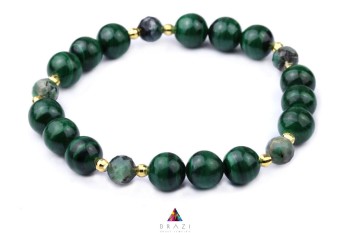 Bransoletka z malachitu i szmaragdu, Brazi Druse Jewelry. Zielone koraliki, złote zapięcie.