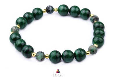 Bransoletka z malachitu i szmaragdu, Brazi Druse Jewelry. Zielone koraliki, złote zapięcie.