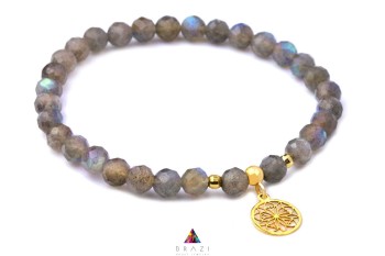 Bransoletka z naturalnego labradorytu ze złotą zawieszką mandala i przekładkami, biżuteria Brazi