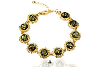 Brazi Druse Jewelry: Regulowana bransoletka z bursztynem, zielony, złota oprawa.