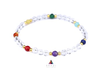Bransoletka z naturalnego kryształu górskiego i kolorowych kamieni ze złotymi detalami, biżuteria Brazi.
