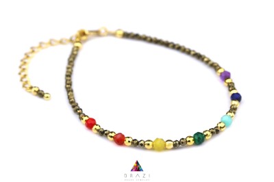 Bransoletka Piryt Czakry Brazi Druse Jewelry: złota, z kolorowymi kamieniami.