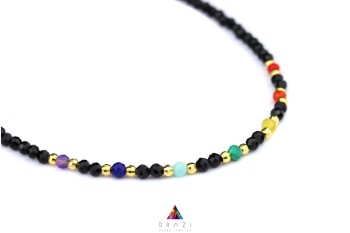 Naszyjnik z czarnym turmalinem i siedmioma kolorowymi kamieniami naturalnymi, biżuteria Brazi