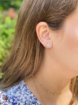 Kolczyki z naturalnym topazem Sky Blue w złotej oprawie, biżuteria Brazi na modelce