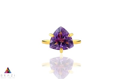 Złoty pierścionek z fasetowanym ametystem o szlifie trylion, naturalny kamień 4 ct i złoto 585 Brazi