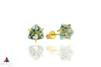 Złote kolczyki z prasiolitem o szlifie trylion w oprawie z żółtego złota próby 585, biżuteria Brazi