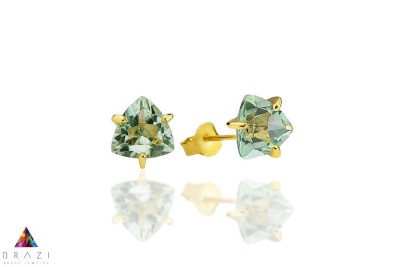 Złote kolczyki z prasiolitem o szlifie trylion w oprawie z żółtego złota próby 585, biżuteria Brazi