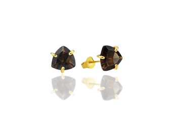 Kolczyki Kwarc Dymny Brazi Druse, trylion, złote oprawy.